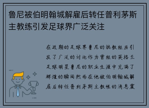 鲁尼被伯明翰城解雇后转任普利茅斯主教练引发足球界广泛关注